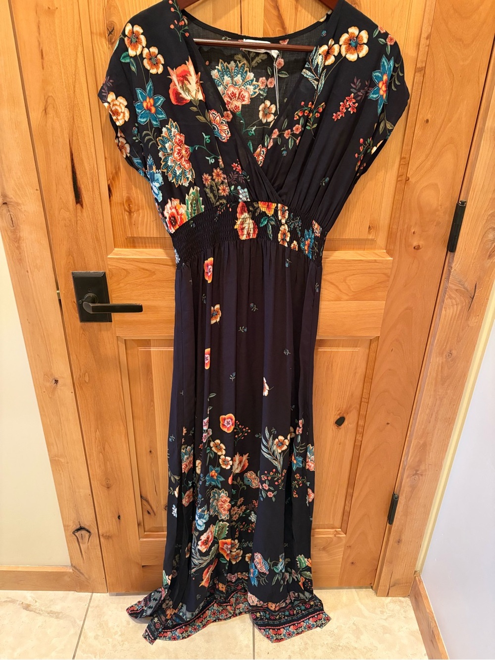 Johnny Was Ardell Smocked Maxi Dress with Multicolor Blooms. High side slits.